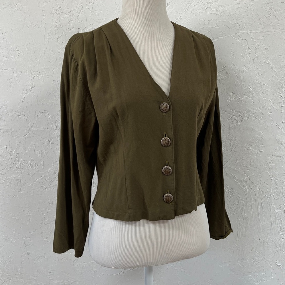 1980s Vintage Olive Green Cropped Button Front Blouse
